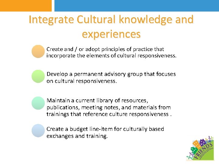Integrate Cultural knowledge and experiences Create and / or adopt principles of practice that