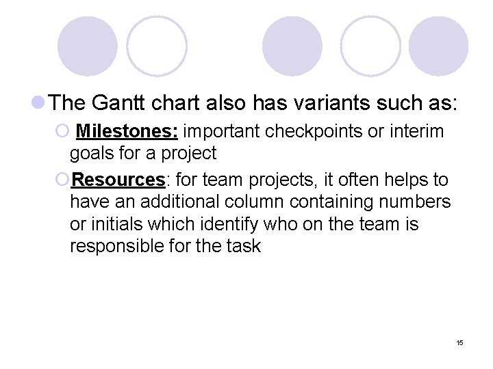 l The Gantt chart also has variants such as: ¡ Milestones: important checkpoints or