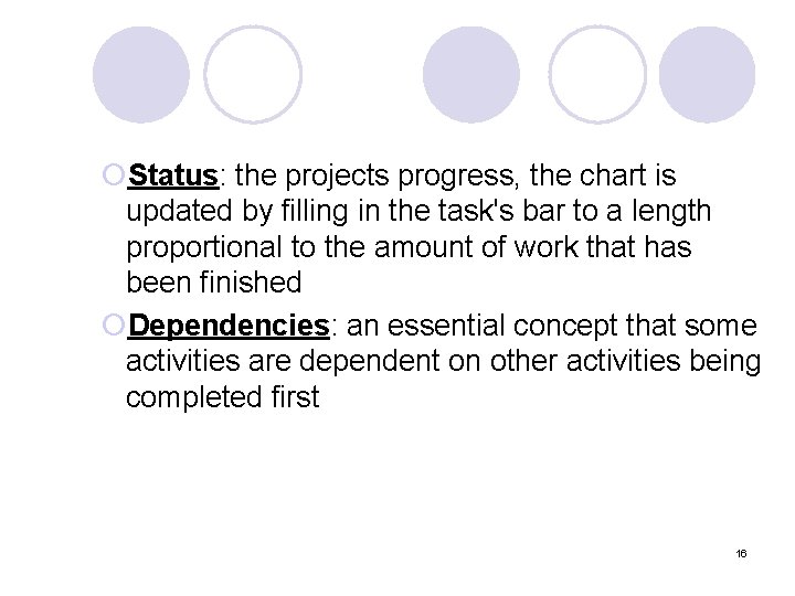 ¡Status: the projects progress, the chart is updated by filling in the task's bar