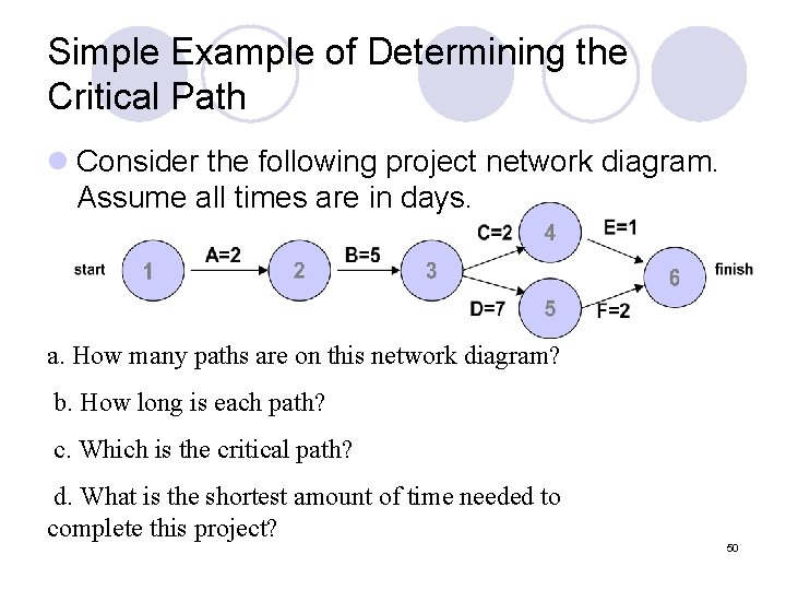 Simple Example of Determining the Critical Path l Consider the following project network diagram.