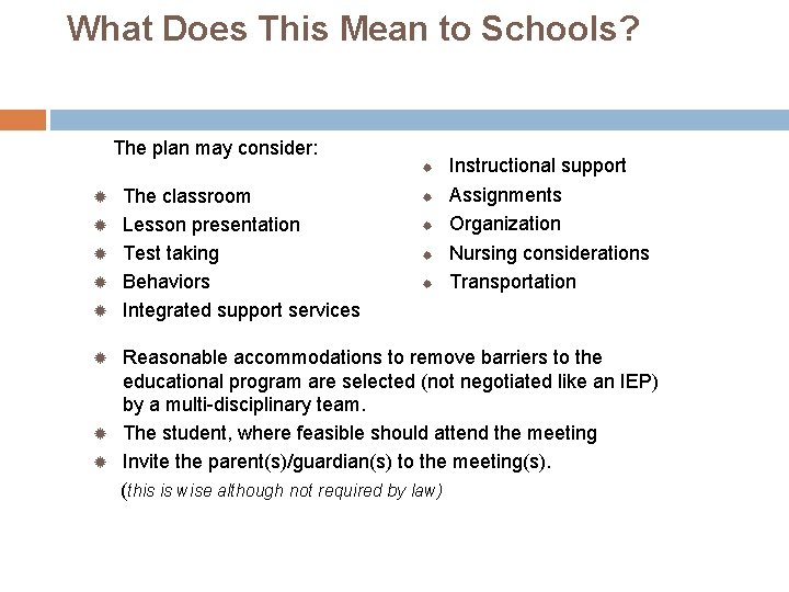What Does This Mean to Schools? The plan may consider: ® ® ® The