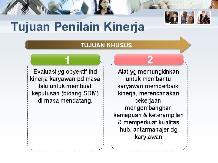 Tujuan Penilain Kinerja TUJUAN KHUSUS 1 Evaluasi yg obyektif thd kinerja karyawan pd masa