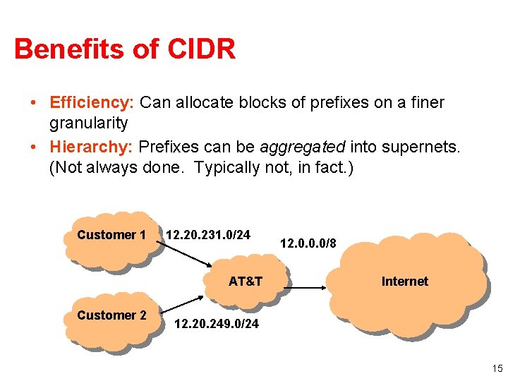 Benefits of CIDR • Efficiency: Can allocate blocks of prefixes on a finer granularity