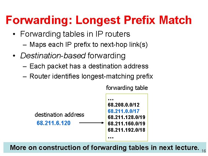 Forwarding: Longest Prefix Match • Forwarding tables in IP routers – Maps each IP