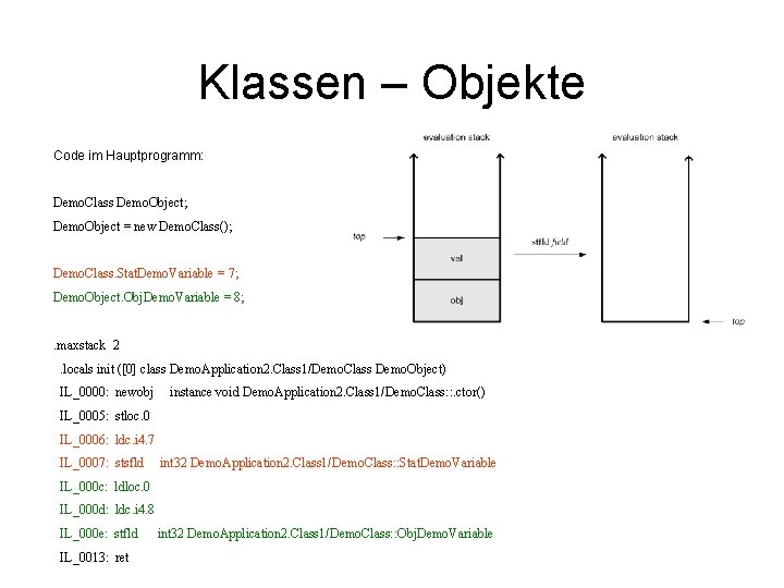 Klassen – Objekte Code im Hauptprogramm: Demo. Class Demo. Object; Demo. Object = new