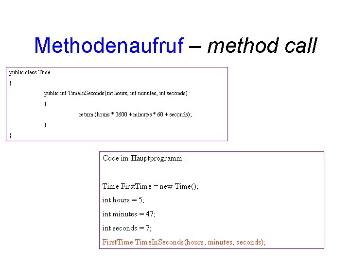 Methodenaufruf – method call public class Time { public int Time. In. Seconds(int hours,