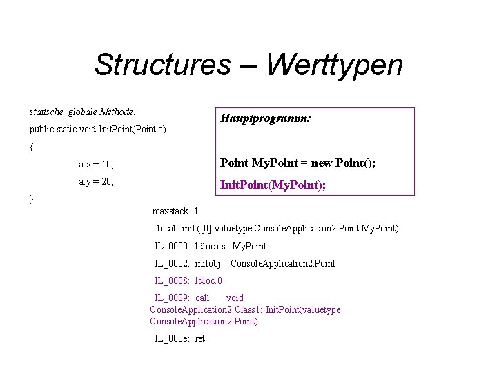 Structures – Werttypen statische, globale Methode: public static void Init. Point(Point a) Hauptprogramm: {