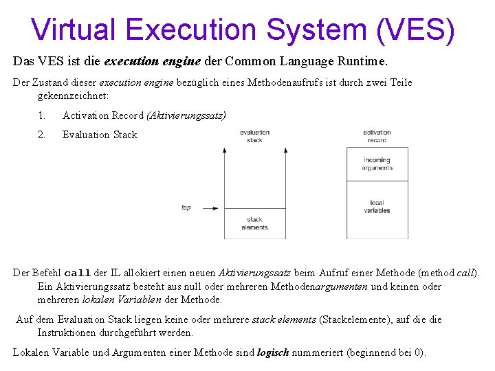 Virtual Execution System (VES) Das VES ist die execution engine der Common Language Runtime.