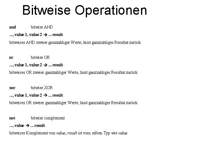 Bitweise Operationen and bitwise AND . . . , value 1, value 2 .
