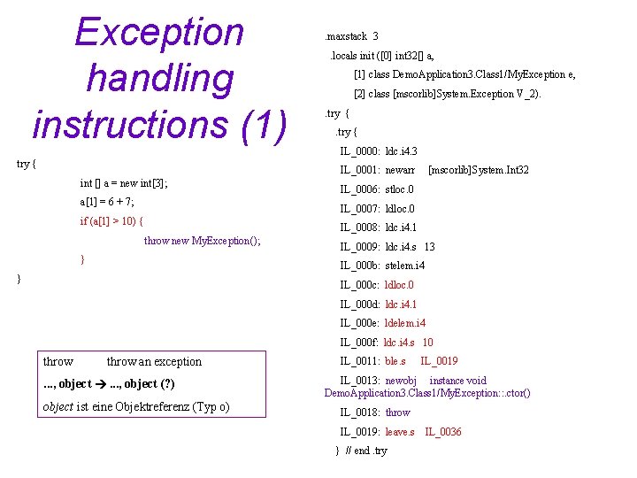 Exception handling instructions (1) try { . maxstack 3. locals init ([0] int 32[]