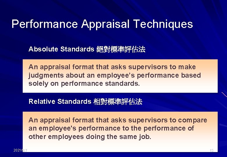 Performance Appraisal Techniques Absolute Standards 絕對標準評估法 An appraisal format that asks supervisors to make