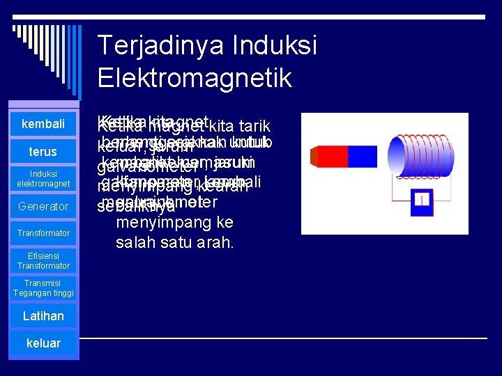 Terjadinya Induksi Elektromagnetik kembali terus Induksi elektromagnet Generator Transformator Efisiensi Transformator Transmisi Tegangan tinggi