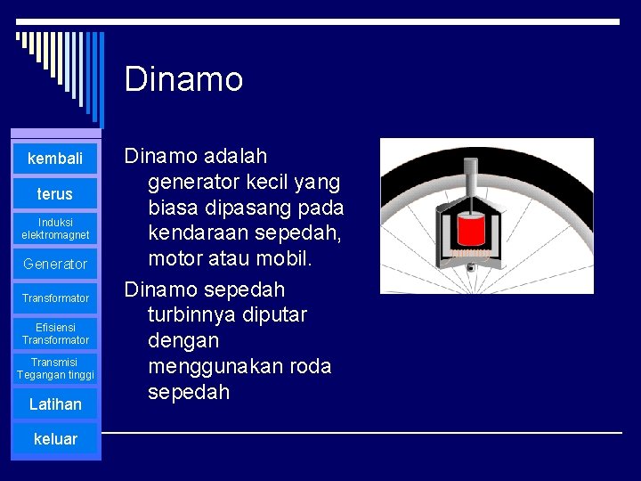 Dinamo kembali terus Induksi elektromagnet Generator Transformator Efisiensi Transformator Transmisi Tegangan tinggi Latihan keluar