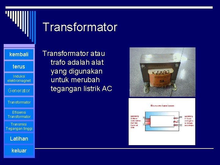 Transformator kembali terus Induksi elektromagnet Generator Transformator Efisiensi Transformator Transmisi Tegangan tinggi Latihan keluar