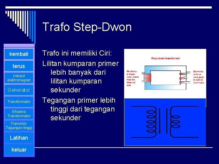 Trafo Step-Dwon kembali terus Induksi elektromagnet Generator Transformator Efisiensi Transformator Transmisi Tegangan tinggi Latihan