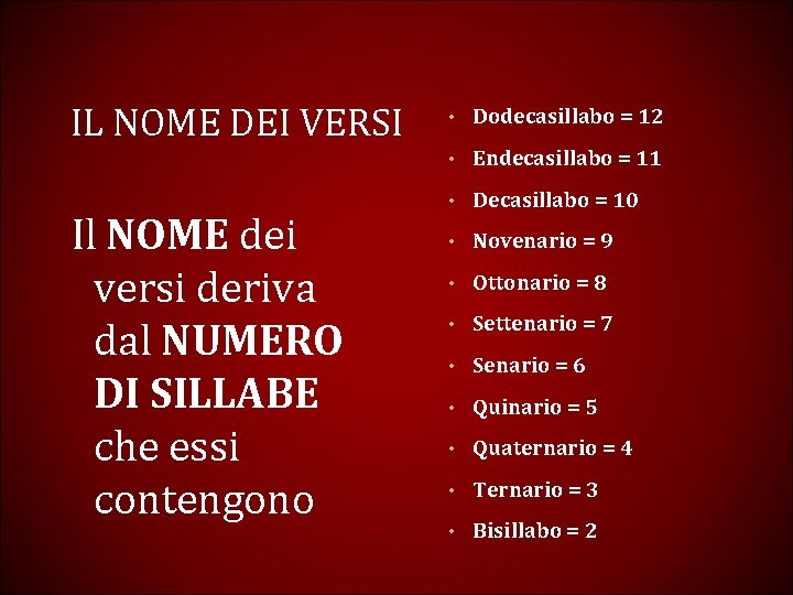 IL NOME DEI VERSI • Dodecasillabo = 12 • Endecasillabo = 11 Il NOME