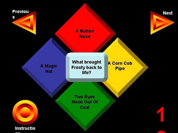 Previou s Next A Button Nose A Magic Hat What brought Frosty back to