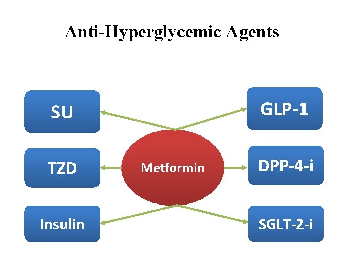 Anti-Hyperglycemic Agents GLP-1 SU TZD Insulin Metformin DPP-4 -i SGLT-2 -i 