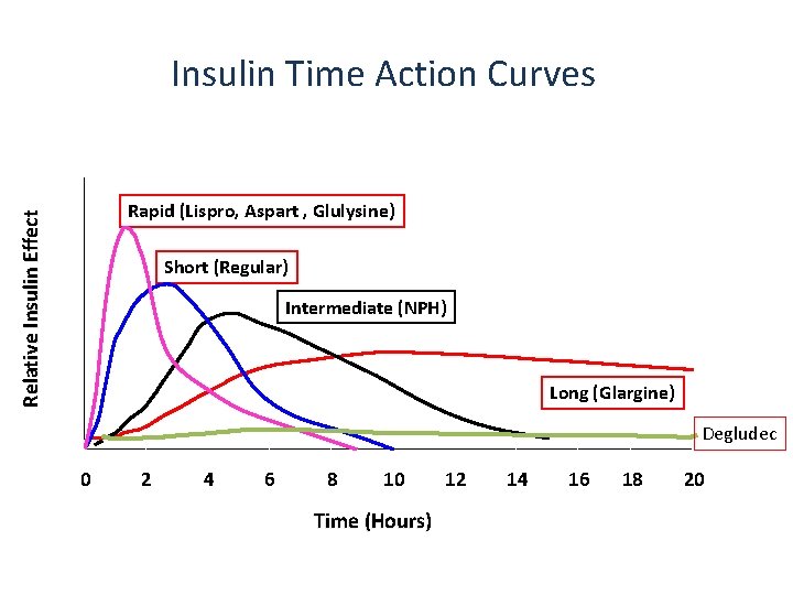 Insulin Time Action Curves Relative Insulin Effect Rapid (Lispro, Aspart , Glulysine) Short (Regular)