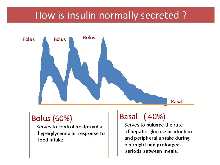 How is insulin normally secreted ? Bolus Basal Bolus (60%) Serves to control postprandial