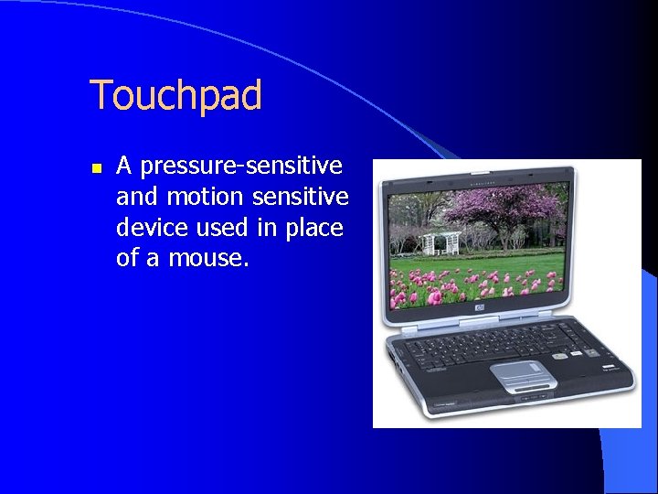 Touchpad n A pressure-sensitive and motion sensitive device used in place of a mouse.