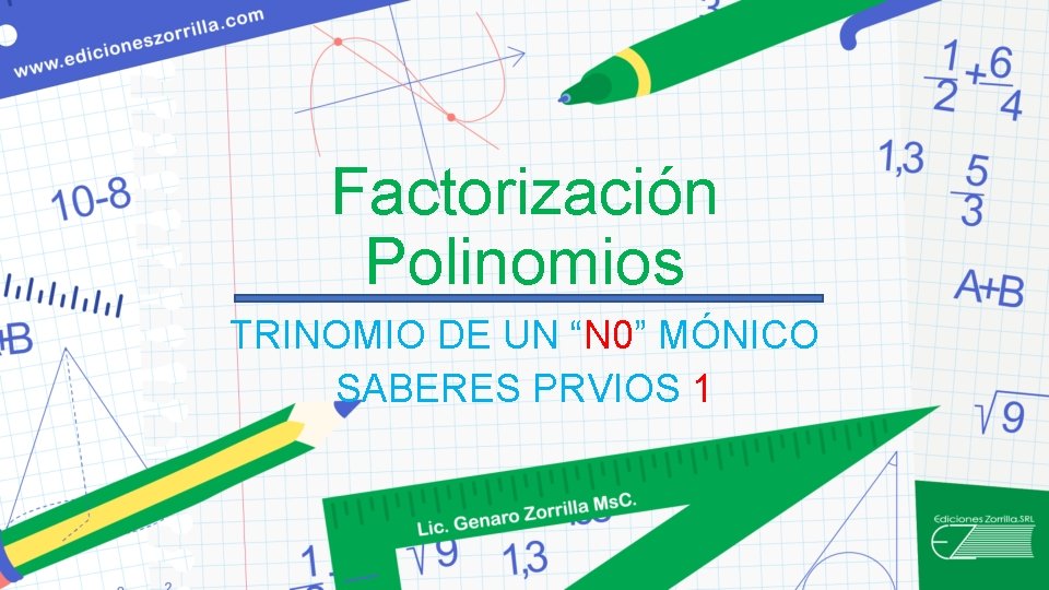 Factorización Polinomios TRINOMIO DE UN “N 0” MÓNICO SABERES PRVIOS 1 