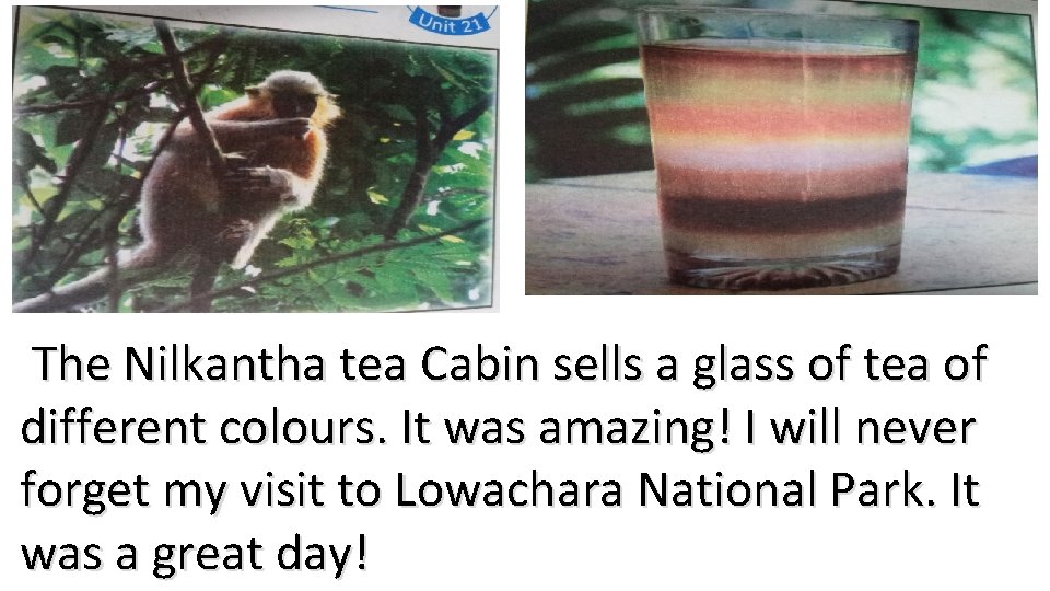 The Nilkantha tea Cabin sells a glass of tea of different colours. It was