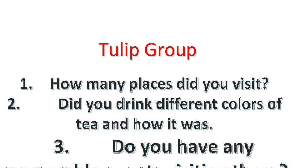 Tulip Group 1. How many places did you visit? 2. Did you drink different