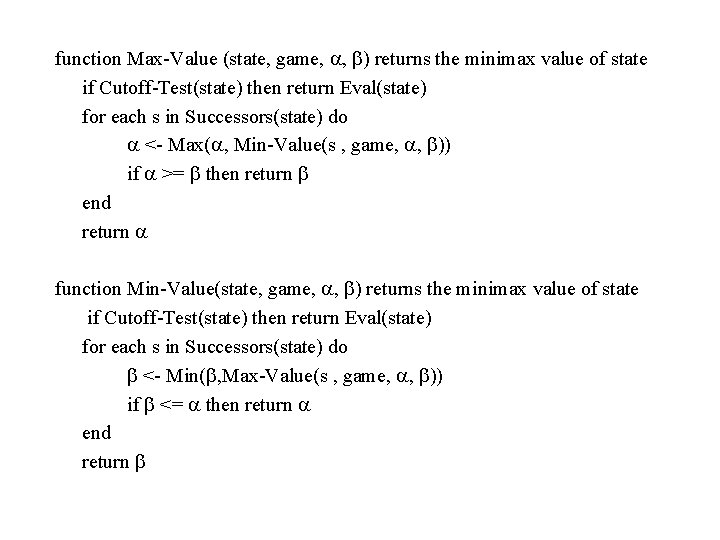 function Max-Value (state, game, , ) returns the minimax value of state if Cutoff-Test(state)