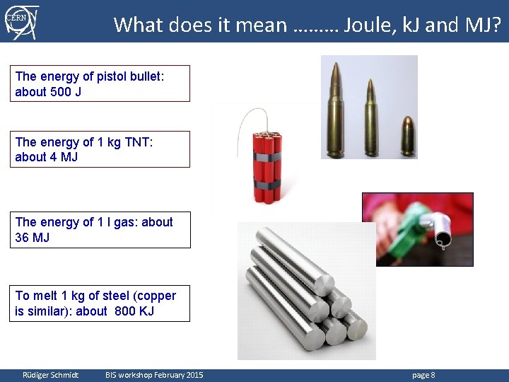 CERN What does it mean ……… Joule, k. J and MJ? The energy of