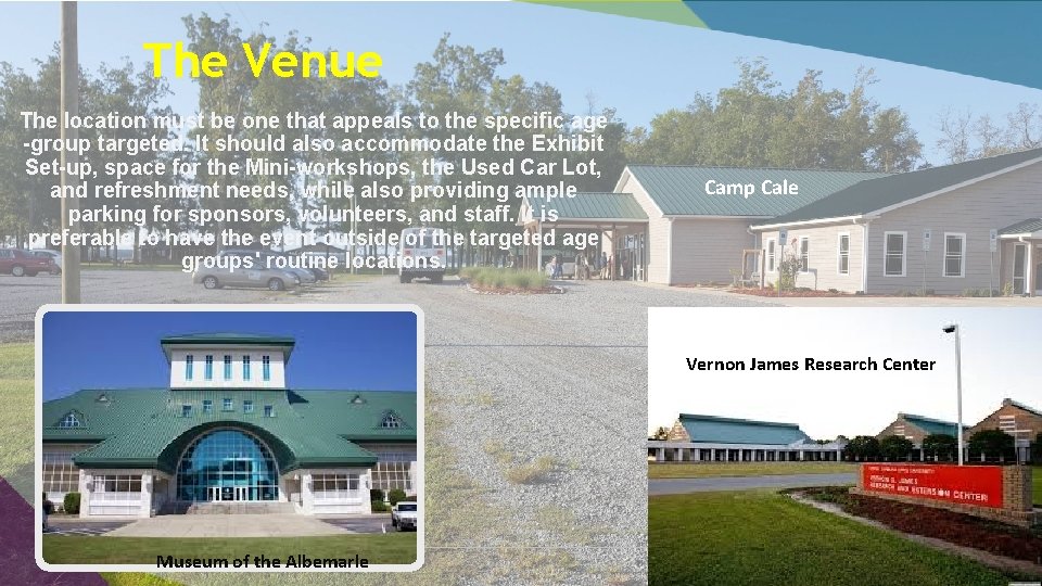 The Venue The location must be one that appeals to the specific age -group