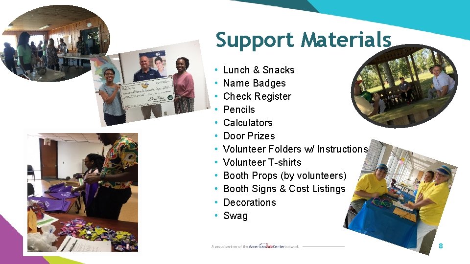 Support Materials • • • Lunch & Snacks Name Badges Check Register Pencils Calculators