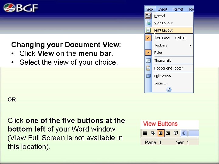 Changing your Document View: • Click View on the menu bar. • Select the