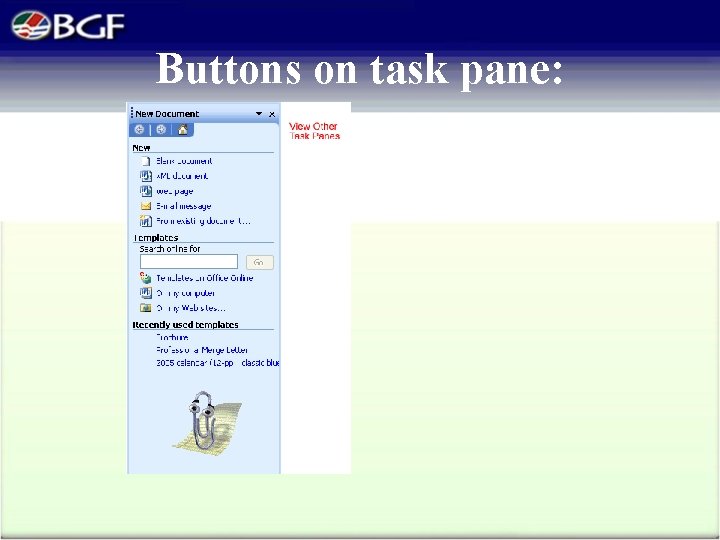Buttons on task pane: 