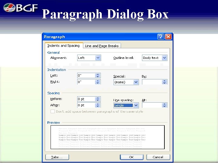 Paragraph Dialog Box 