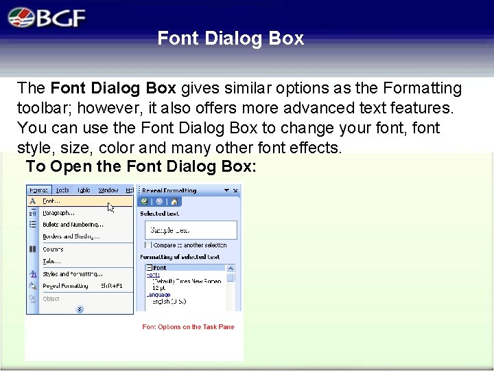 Font Dialog Box The Font Dialog Box gives similar options as the Formatting toolbar;
