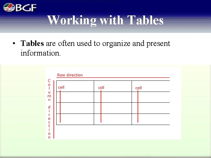 Working with Tables • Tables are often used to organize and present information. 