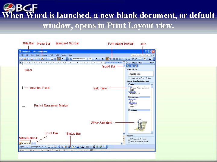 When Word is launched, a new blank document, or default window, opens in Print