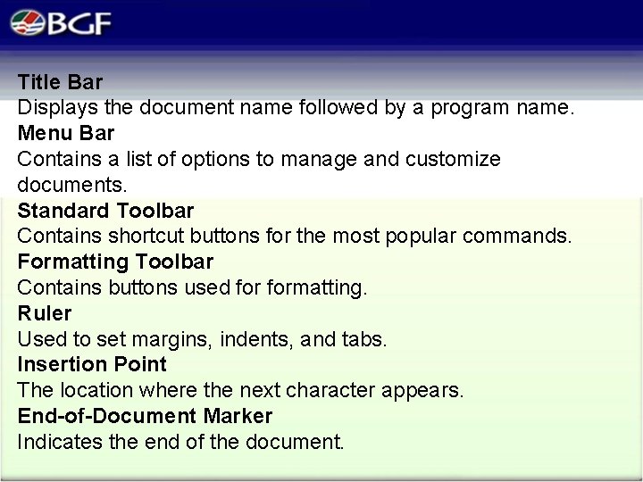 Title Bar Displays the document name followed by a program name. Menu Bar Contains