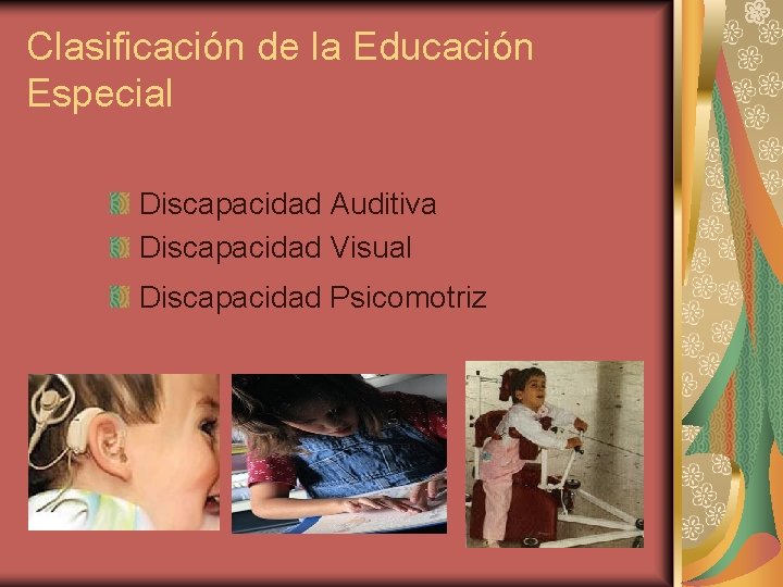 Clasificación de la Educación Especial Discapacidad Auditiva Discapacidad Visual Discapacidad Psicomotriz 