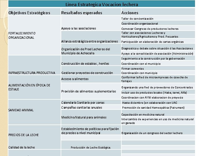 Linea Estrategica Vocacion lechera Objetivos Estratégicos Resultados esperados Acciones Taller de concientización Coordinación organizacional