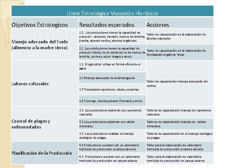 Línea Estratégica Vocación Hortícola Objetivos Estrategicos Manejo adecuado del Suelo (alimento a la madre
