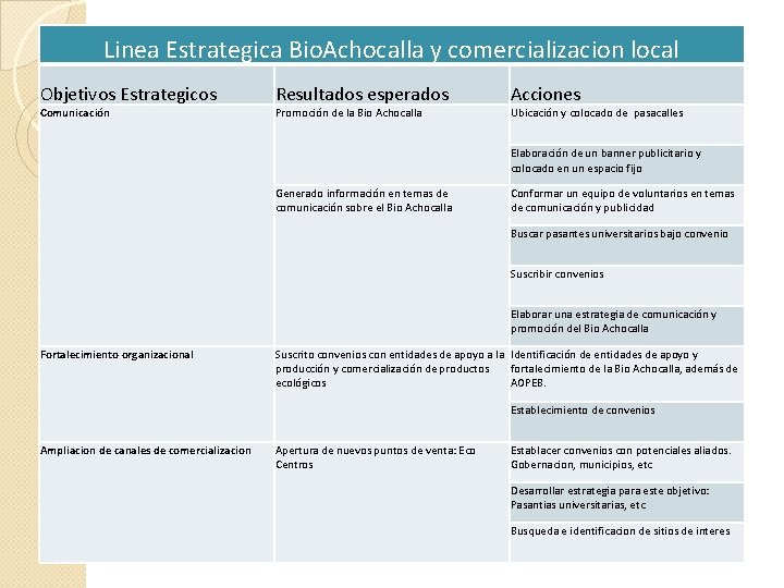 Linea Estrategica Bio. Achocalla y comercializacion local Objetivos Estrategicos Resultados esperados Acciones Comunicación Promoción