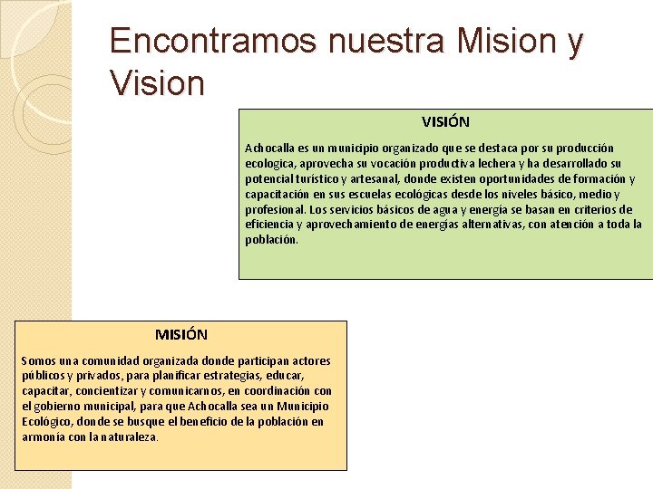 Encontramos nuestra Mision y Vision VISIÓN Achocalla es un municipio organizado que se destaca