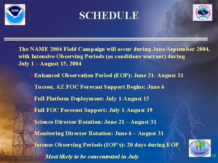 SCHEDULE The NAME 2004 Field Campaign will occur during June-September 2004, with Intensive Observing