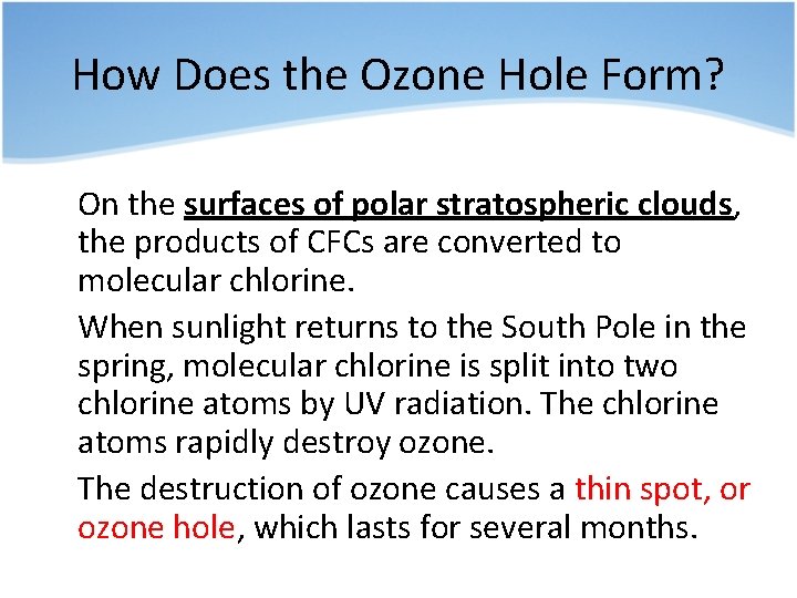 How Does the Ozone Hole Form? • On the surfaces of polar stratospheric clouds,
