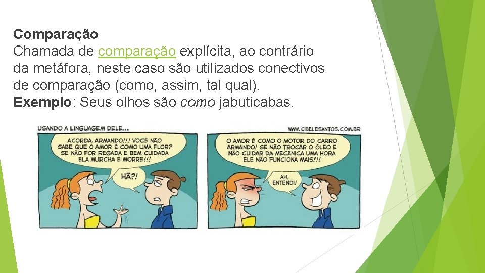 Comparação Chamada de comparação explícita, ao contrário da metáfora, neste caso são utilizados conectivos