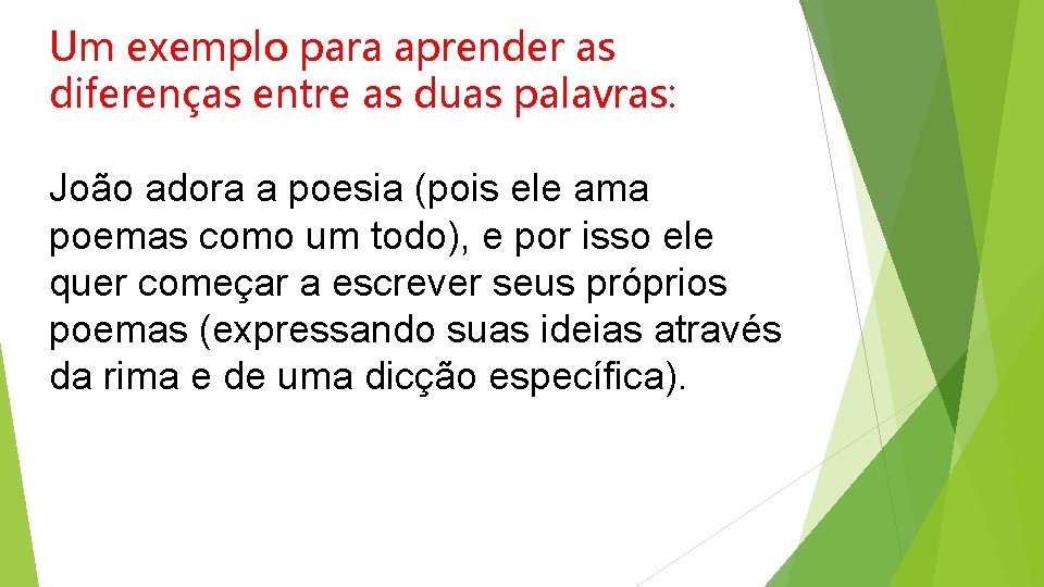 Um exemplo para aprender as diferenças entre as duas palavras: João adora a poesia