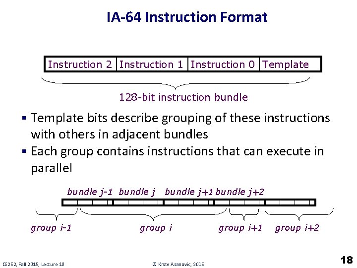 IA-64 Instruction Format Instruction 2 Instruction 1 Instruction 0 Template 128 -bit instruction bundle