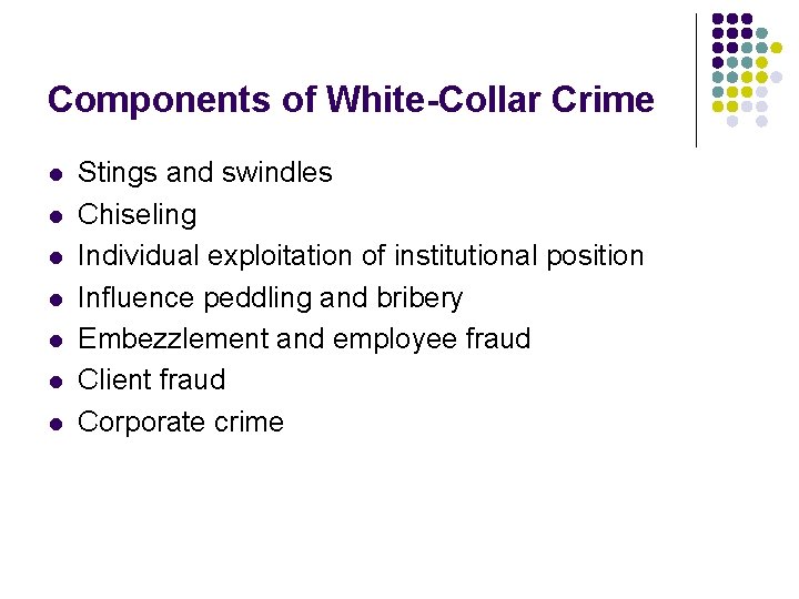 Components of White-Collar Crime l l l l Stings and swindles Chiseling Individual exploitation